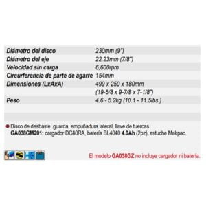 GA038GM201/GA038GZ ESMERIL ANGULAR INALÁMBRICO 230MM (9”), 40V - Image 6
