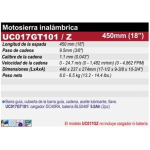 UC017GT101/UC017GZ MOTOSIERRA INALÁMBRICA 450MM (18”), 40V - Image 3