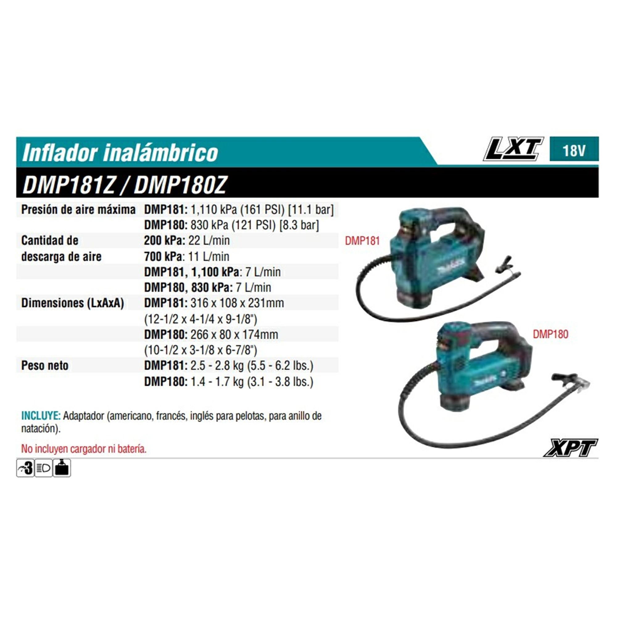 DMP180Z INFLADOR 121 PSI / 830 KPA LI-ION S/BAT Y CARG C/LUZ 18V ...